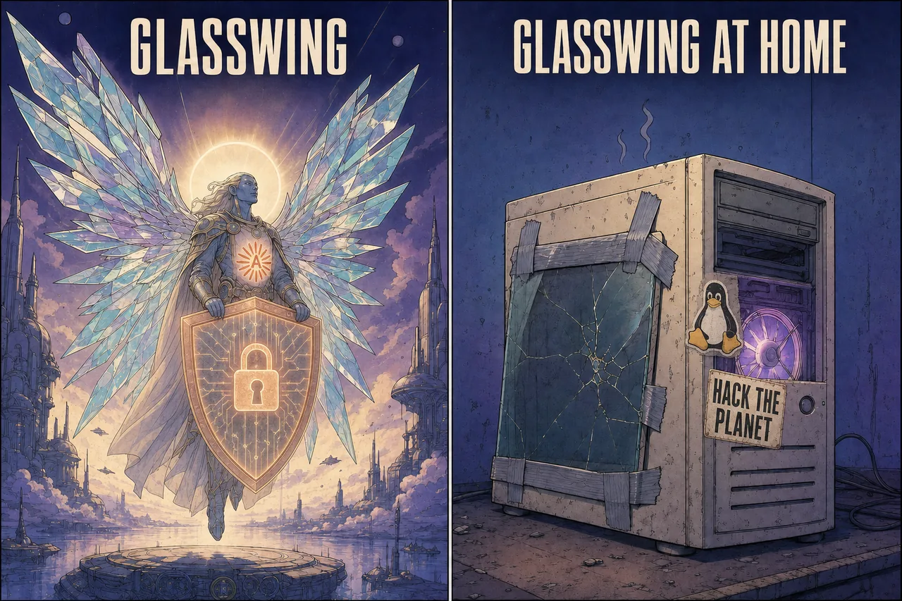 Two-panel 'we have it at home' meme. Left, captioned GLASSWING: a radiant winged guardian bearing the Anthropic sunburst emblem and a padlock shield. Right, captioned GLASSWING AT HOME: a budget desktop PC with a cracked glass panel duct-taped on as a wing, a glowing GPU, and Linux Tux and 'HACK THE PLANET' stickers.
